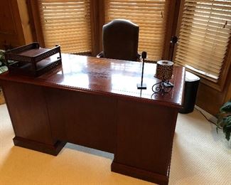 Mahogany Desk with burled walnut inlay and leather office chair