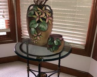 Iron and glass side table and signed pottery (large and small vase)