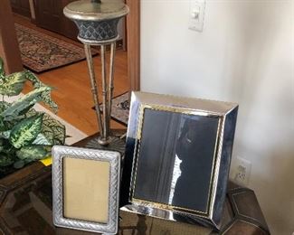 lamp, picture frames and votive 