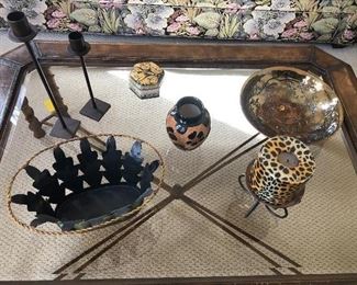 Iron candle holders,  signed pottery with brass and precious stone inlay, metal baskets, and more