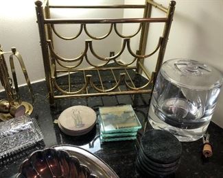 Brass Wine Rack, Heavy-duty Acrylic Ice bucket, coasters, and general barware