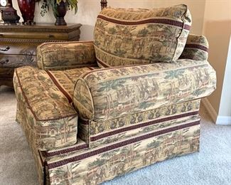 Upholstered oversized chair in elephant print measures 39" x 39" x37"