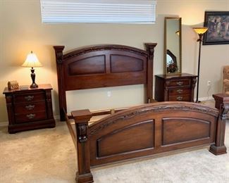 King size bed frame with available matching nightstands, dresser and chest of drawers.