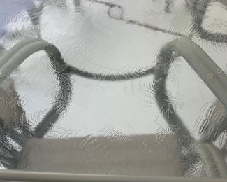 Outdoor Hexagon Table w/6 Chairs and patterned glass top measures 55" side to side or 61" point to point