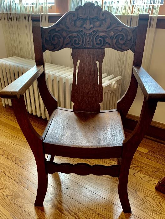 Antique Golden Oak North Wind Face Throne Chair $225
24w x 18.5d x 37”h