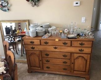 Maple buffet, lined drawers. Mirror, china