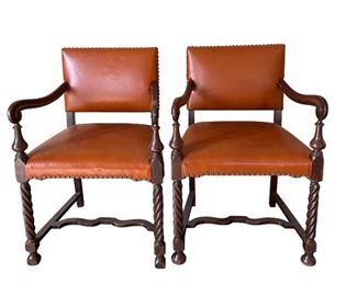 Orange Leather Armchairs with Open Arms, Pair