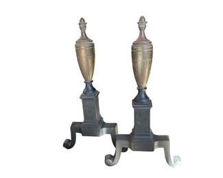 Wrought Iron Andirons with Brass Urn Finials