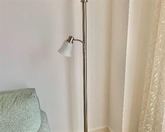$150 - Contemporary 3-way Torchiere brushed metal indoor floor lamp with side reading light and glass shades; 71 1/2"H, base 11" diameter 