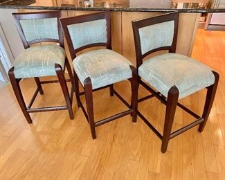 $300 - Loewenstein, set of three counter top bar stools/chairs with ultra suede cushions. 34 3/4"H x 17"W x 19"D. Height to seat 24". 