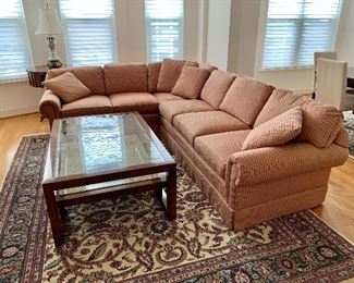 $695 - Michael Thomas upholstered feather/down filled two piece sectional sofa. 33"H x 90"W x 116"W x 36"D. Height to seat 18 1/2" 