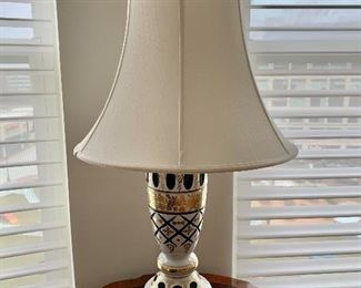 $95 - Vintage ceramic lamp on metal base with fabric shade; 36"H, shade is 18 1/2" diameter 