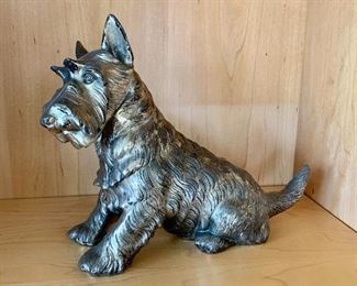 $95 - Vintage plated Scottish Terrier dog sculpture. Signed J.B. 673 (Jennings Brothers); 8" H x 9 1/2" W x 3" D