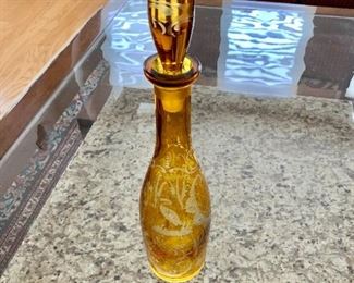$60 - Decorative amber glass decanter with etching and stopper #1; 15 1/2" H 