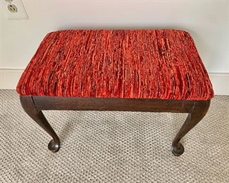 $50 - Velour (confirm) upholstered bench with wood leg;14 1/2"H x 20 1/2"W x 13"D. Some wear consistent with use and age. 
