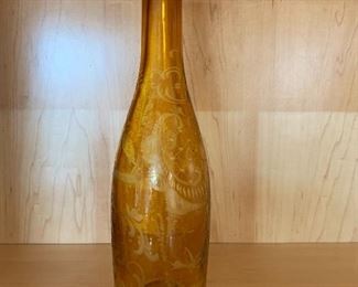$45 - Decorative amber glass decanter with etching (stopper missing) #2: 12 1/4" H 