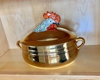$95 - Vintage casserole with rooster top - 9" H x 13" W (with handles)