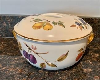 $40 - Royal Worchester made in England. Oven to table ware. Design "Evesham", round casserole with lid  #1;  6" H x 10 1/2" D with handles. 10" diameter 