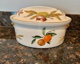 $30 - Royal Worchester made in England #4. Oven to table ware Design "Evesham" oval casserole with lid; 6  1/2" H x  10"  L x 7 3/4"W. 