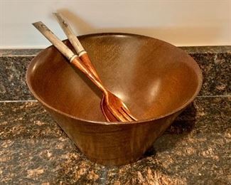 $30 - "Jelba Original Genuine Mahogany" salad bowl with two sterling silver handled serving utensils; 5 3/4 in. H x 10 in. diameter. Wear consistent with use.