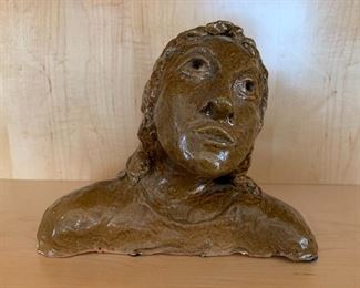 $40 - Hand built glazed clay sculpture; 6 1/2 H x 8" W x 5 1/4" D