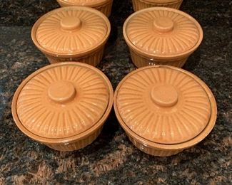 $55 - Six tan "Brush USA" single-serve covered casserole dishes/ramekins; 2 1/2 in. H x 4 1/2 in. diameter