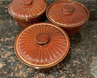 $26 - Three brown "Brush USA" single-serve covered casserole dishes/ramekins; 2 1/2 in. H x 4 1/2 in. diameter
