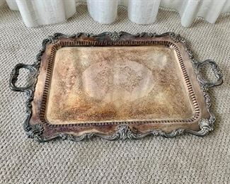 $125 - Silverplate tray with handles; 1 1/2" H x 30"L (including handles) x 19" W