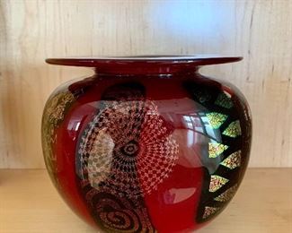 $150 - Decorative art glass vase signed 2006; 5 1/2"H x 6"W x 4"D (top is 4" diameter)