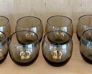 $50 - Eight smoky "brandy" glasses with crown appliqué; 3 1/4 in. H