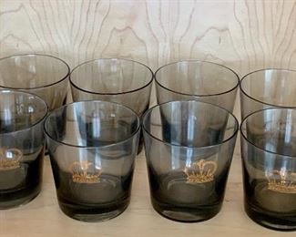$45 - Eight smoky "rocks"  glasses with crown appliqué; 3 1/2 in. H