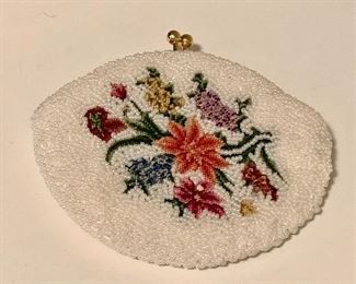 $24 - #1 Small beaded vintage clasp purse with floral decoration; Handbag #1; 4 1/2 in. W x 4 in. L