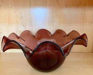 $40 - Scalloped hand blown glass bowl; 12 in. diameter x 6 in. H