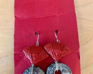 $20 - Fan carved cinnabar earrings; Jewelry  #22; 2 1/4 in. L