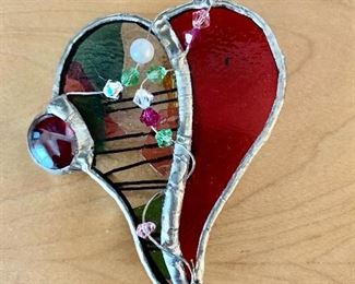 $15 - Handmade silvertone and glass heart-shaped pin; Jewelry #29; approx. 3 in. H x 2 1/2 in, W