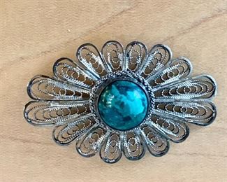 $22 - Sterling silver brooch with turqouise stone; Jewelry #30; made in  Israel; 1 1/4" H x 1  3/4"  W