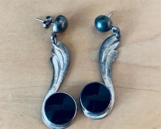 $28 - Pair sterling silver and onyx post earrings; Jewelry #16;  stamped RF-50 Mexico 925; approx. 2 1/4 in. L