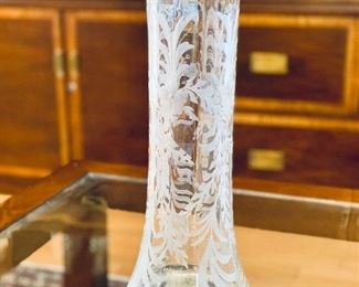 $40 - Hawkes crystal vase with intricate floral and leaf etching; 14 3/4 in. H and 5 in . diameter of base