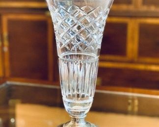 $90 - Hawkes cut crystal vase with sterling silver base (# 63 on base); 12 1/in. H x 5 in. diameter base. Minor silver dimpling on base.