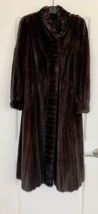 $495 - Full length mink coat with stand up collar and cuffs.  Size M/8.