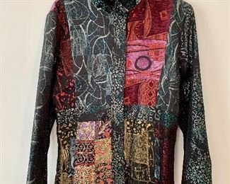 $40 - #26 Lindi "art to wear' patchwork collared jacket; size L