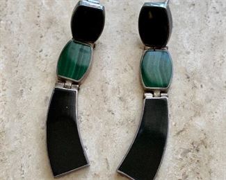 $30 - Sterling silver onyx and turquoise drop earrings; approx 2"; stamped 970 on reverse; Jewelry #2