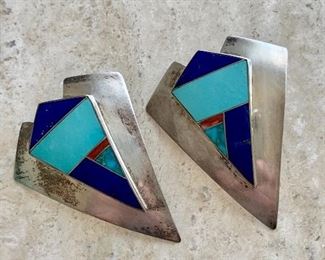 $60 - Sterling silver and turquoise inlaid chevron earrings; 2.5" inches L; stamped STERLING and marked; Jewelry #3