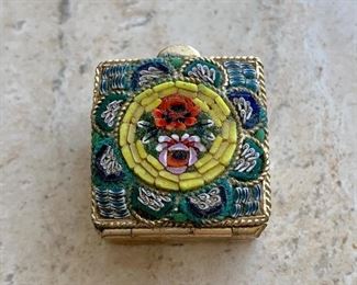 $20 - Small hinged trinket box with mosaic lid; stamped ITALY on bottom; approx 1" x 1"