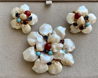$40 - Set, Vintage DeMario NY cluster pin and earrings; marked;  Jewelry #8; pin 2", earrings 1";  