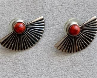 $20 - Silver fan earrings with red stone; Jewelry #13; unmarked; approx 1.5'