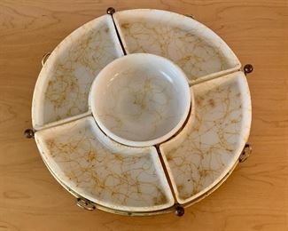 $50 - Vintage sectioned glass hor d'oeuvre serving tray, in rotating brass stand; 3"H x 14 1/2" diameter