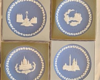 $50 -  Wedgwood Jasperware Commemorative Plates Christmas 1969,1970, 1971, 1972 showing Windsor Castle, Trafalgar Square, Piccadilly Circus and St. Paul’s Cathedral.  Original boxes.