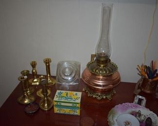 Beautiful Brass Aladdin Lamp with inner and outer Aladdin Chimneys plus Asst. of Brass Candle Sticks, unusual  Cup Holder with Stag Horn Legs,  Collectible Pierced Porcelain Plate and More!