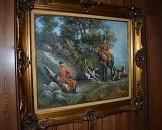 Beautiful Oil Painting of Fox Hunt in wonderfully framed Rococo style antique frame 